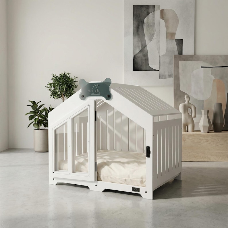 Contemporary white indoor dog house styled in a clean, modern room with art décor. A luxury wooden crate with glass-style panels and a soft cushion, offering comfort and security for small to medium dogs. Designed as premium pet furniture that elevates any interior with a sleek and timeless look.