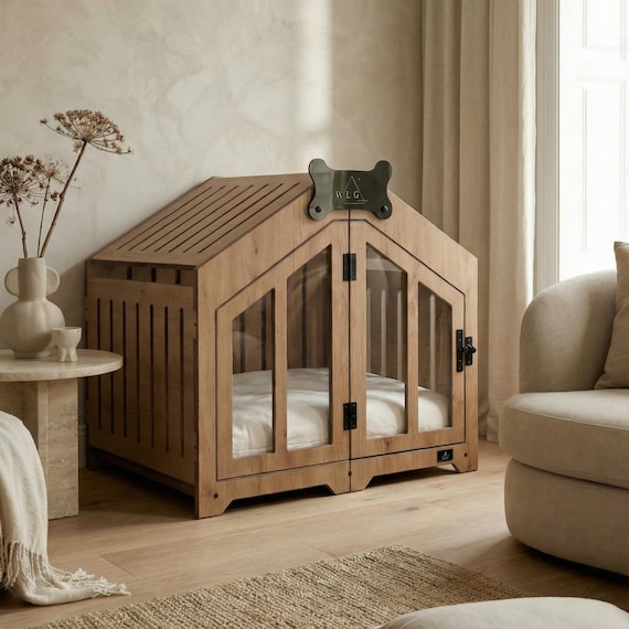 WLO® Natural Oak Gabled Dog Crate | Indoor & Patio Dog Kennel, Luxury Furniture