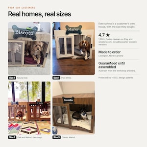 Customer photos of WLO dog crates in real homes with their dogs, the size they bought and a 4.8 star rating