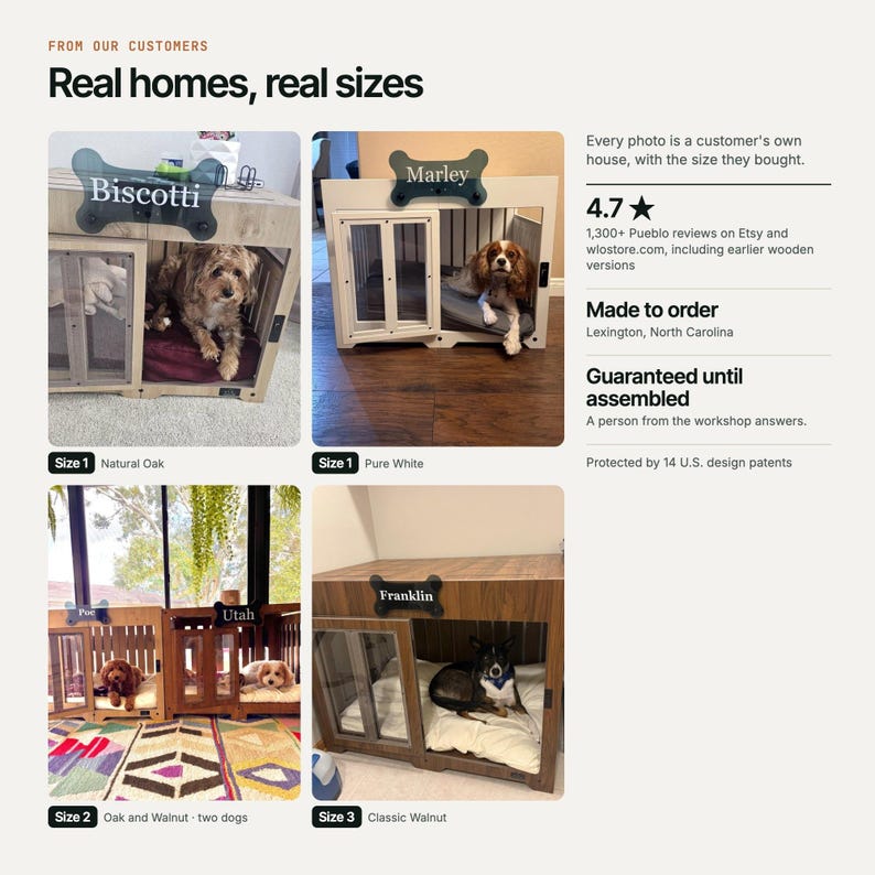 Customer photos of WLO dog crates in real homes with their dogs, the size they bought and a 4.8 star rating