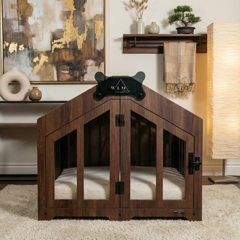 Front view of our premium walnut dog house featuring a modern design, clear panels, and a solid wooden structure. A luxury indoor dog crate that doubles as stylish furniture for any living room or bedroom. Provides comfort, safety, and elegance for your pet. Ideal for small and medium dogs. Perfect for home décor lovers wanting a functional yet aesthetic dog kennel.