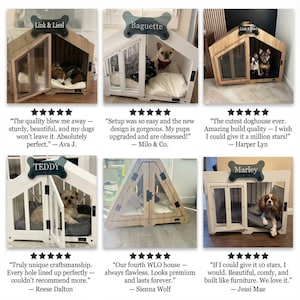 Collage of real customer photos showing dogs inside their WLO dog houses in various home environments, each accompanied by a verified five-star review quote.
