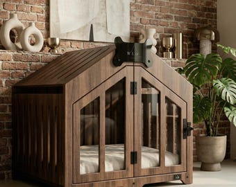 WLO® Classic Walnut Gabled Dog Crate | Indoor & Patio Dog Kennel, Luxury Furniture