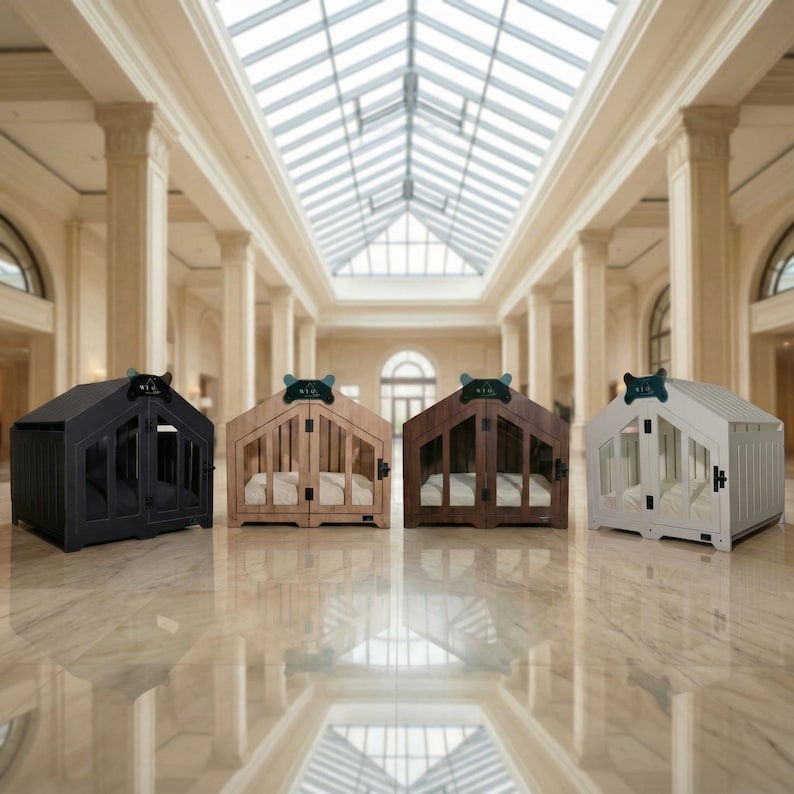 Full color collection of our modern indoor dog houses, shown in a premium architectural space. Available in black, natural, walnut, and white. Each wooden dog crate features clear panels, solid structure, and a cozy cushion. Designed as luxury pet furniture that blends with any décor. Perfect for small to medium dogs seeking comfort and a beautiful home sanctuary.