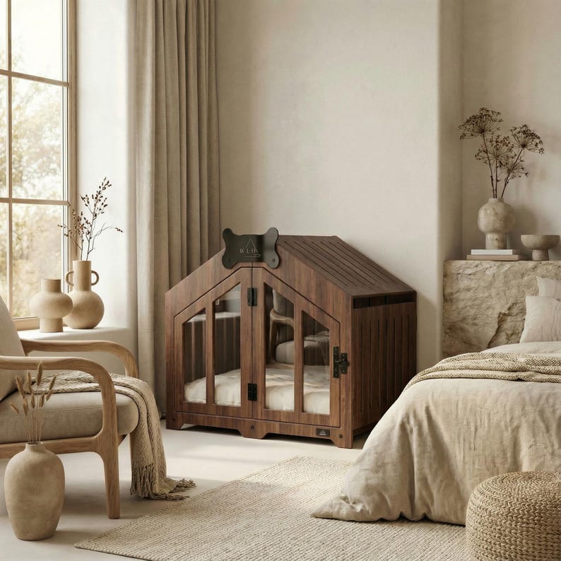 Elegant walnut dog house styled in a warm, minimalist bedroom. Modern wooden dog crate with glass panels and soft cushion, designed for indoor comfort and home décor harmony. Perfect for small to medium dogs. A luxury pet furniture piece that combines style, functionality, and a cozy safe space for your dog. Complements Scandinavian, neutral, and natural interiors.