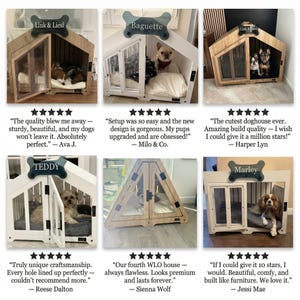 Real customer photos featuring our luxury indoor dog house. Loved by thousands of pet owners for its comfort, quality, and beautiful furniture-style design. This collage shows small and medium dogs enjoying their cozy WLO home. Authentic reviews highlight durability, craftsmanship, and stylish home décor fit. Perfect proof of why our dog crate is trusted in 50,000+ homes.