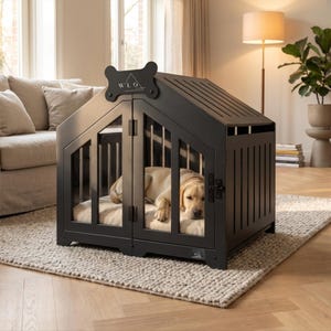 Dog Crate Furniture, Modern Indoor Dog House with Name Tag, Black Gabled Dog Kennel, Small to Large Dog Crate | WLO®