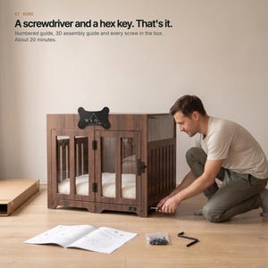 Assembling a Classic Walnut WLO Pueblo dog crate with a screwdriver and hex key, about 20 minutes for one person