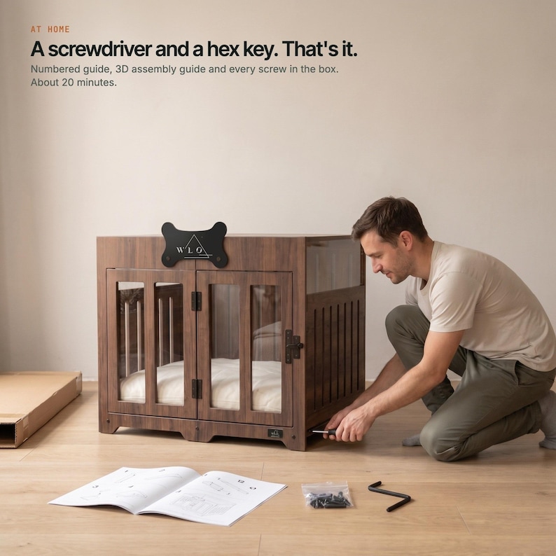 Assembling a Classic Walnut WLO Pueblo dog crate with a screwdriver and hex key, about 20 minutes for one person