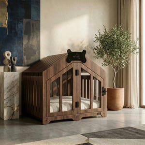 Modern walnut dog house styled in a contemporary living space. Luxury wooden crate with transparent panels and cozy cushion, designed for indoor use. Perfect for medium and small dogs. Blends beautifully with modern, minimalist, or Mediterranean décor. A functional pet house that enhances your home’s aesthetic while giving your dog a comfortable private retreat.