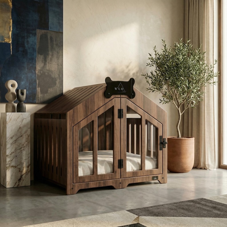 Modern walnut dog house styled in a contemporary living space. Luxury wooden crate with transparent panels and cozy cushion, designed for indoor use. Perfect for medium and small dogs. Blends beautifully with modern, minimalist, or Mediterranean décor. A functional pet house that enhances your home’s aesthetic while giving your dog a comfortable private retreat.