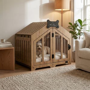 Dog Crate Furniture, Modern Indoor Dog House with Name Tag, Oak Gabled Dog Kennel, Small to Large Dog Crate | WLO®