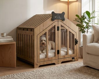 Dog Crate Furniture, Modern Indoor Dog House with Name Tag, Oak Gabled Dog Kennel, Small to Large Dog Crate | WLO®