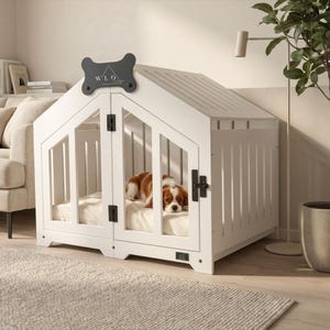 Dog Crate Furniture, Modern Indoor Dog House with Name Tag, White Gabled Dog Kennel, Small to Large Dog Crate | WLO®