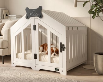 Dog Crate Furniture, Modern Indoor Dog House with Name Tag, White Gabled Dog Kennel, Small to Large Dog Crate | WLO®