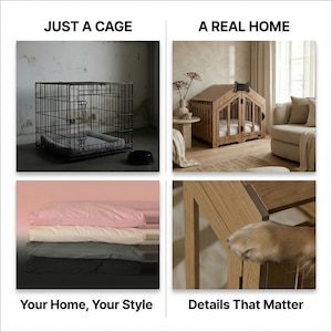Comparison graphic showing a standard metal dog cage on the left and the Light Oak WLO gabled dog house on the right, emphasizing the visual difference between a basic cage and a modern, furniture-style dog home with acrylic windows and cushion colors.