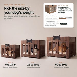 WLO Pueblo dog crate in three sizes chosen by dog weight: Size 1 for 5 to 24 lb, Size 2 for 25 to 49 lb and Size 3 for 50 to 89 lb, with dogs inside
