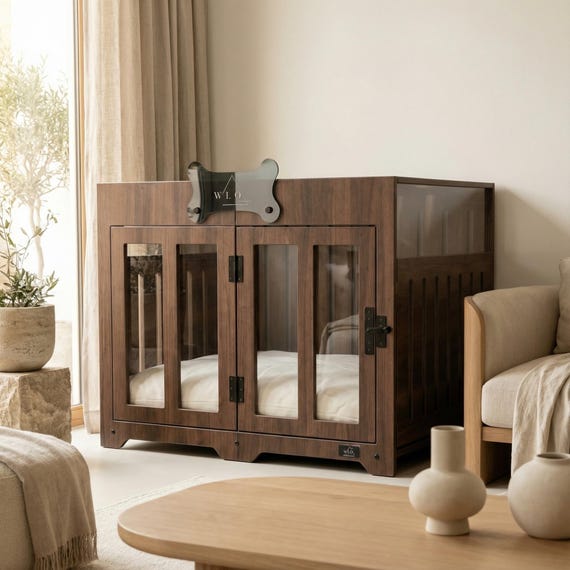 WLO® Classic Walnut Pueblo Dog Crate | Indoor & Patio Dog Kennel, Luxury Furniture