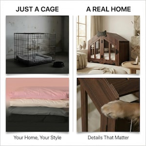 Side-by-side comparison showing a standard metal dog cage versus the WLO modern wood-look dog house, highlighting style differences, cushion color options, and premium material close-ups.