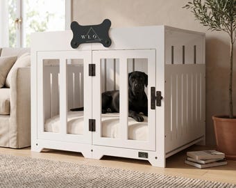 Dog Crate Furniture End Table, Modern Indoor Dog Kennel with Name Tag, White Pueblo Flat Top Dog House, Small to Large | WLO®