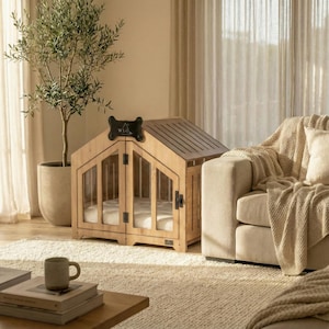 Warm and natural indoor dog house styled in a cozy living room. This luxury wooden dog crate blends perfectly with soft neutrals, sunlight, and modern décor. Clear panels, solid oak finish, and a plush cushion create the perfect sanctuary for small to medium dogs. Designed as premium pet furniture that enhances your home while keeping your dog comfortable and relaxed.