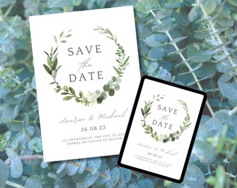 Greenery Circle Save the Date - Personnalisé et Imprimable