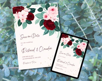 Invitation florale rouge Save the Date - personnalisée et imprimable