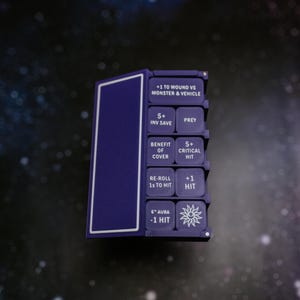 Peut inclure: Un traqueur de jeu rectangulaire violet foncé avec une porte à charnière et une grille d'emplacements carrés. Les emplacements contiennent des étiquettes blanches avec le texte +1 TO WOUND VS MONSTER & VEHICLE, 5+ INV SAVE, PREY, BENEFIT OF COVER, 5+ CRITICAL HIT, RE-ROLL 1s TO HIT, +1 HIT, 6" AURA, -1 HIT et une icône de soleil.