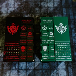 Könnte beinhalten: Zwei rechteckige Spiel-Tracking-Boards, eines schwarz mit rotem Text und Symbolen, das andere grün mit weißem Text und Symbolen. Beide zeigen ein zahnradförmiges Emblem, numerische Skalen von 0 bis 13 und verschiedene Statusbeschriftungen.