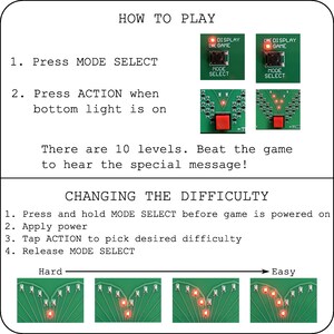 K&ouml;nnte beinhalten: Anleitung zum Spielen eines Spiels mit einer gr&uuml;nen Platine mit roten Lichtern. Die Anleitung beinhaltet das Dr&uuml;cken der Tasten "MODE SELECT" und "ACTION". Das Spiel hat 10 Level und das Ziel ist es, das Spiel zu gewinnen, um eine spezielle Nachricht zu h&ouml;ren. Die Anleitung erkl&auml;rt auch, wie man den Schwierigkeitsgrad des Spiels &auml;ndert, indem man "MODE SELECT" gedr&uuml;ckt h&auml;lt, bevor das Spiel eingeschaltet wird, die Stromversorgung einschaltet, "ACTION" antippt, um den gew&uuml;nschten Schwierigkeitsgrad auszuw&auml;hlen, und "MODE SELECT" losl&auml;sst. Das Bild zeigt die Platine mit roten Lichtern in verschiedenen Konfigurationen f&uuml;r die Schwierigkeitsgrade schwer und leicht.