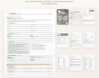 以下が含まれることがあります： Easy Start Cleaning Business Operations Kitには、黒いテキストが記載された10枚の白いドキュメントテンプレートが含まれています。メインのドキュメントは、顧客情報、サービスの詳細、サービス範囲、ポリシーのセクションがあるサービス契約フォームです。