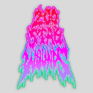 May include: A pink, blue, and green gradient sticker with a dripping, abstract design. The sticker has a jagged, dripping edge.