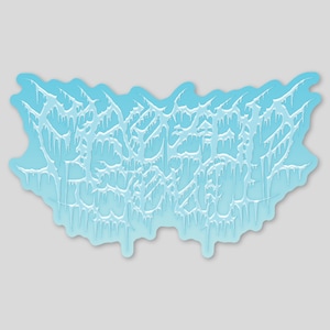 May include: A blue and white sticker with a dripping, stylized text design that reads "Frozen".