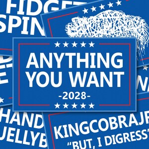 May include: Blue and red political campaign signs with white text. The top sign reads "Anything You Want - 2028 -" with five white stars on each side of the text. The bottom sign reads "Kingcobraj" and "But, I digress".