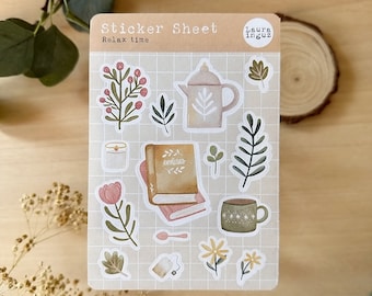 STICKERS Set Relax Time. 1 Hoja con 15 ilustraciones para Bullet Journal, Planner, Scrapbooking, Cardmaking. Laura Inguz