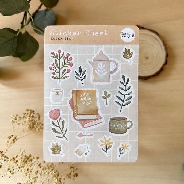 STICKERS Set Relax Time. 1 Hoja con 15 ilustraciones para Bullet Journal, Planner, Scrapbooking, Cardmaking. Laura Inguz