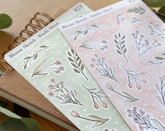 STICKERS Bloom Sketch. 1 Hoja con 16 pegatinas para Bullet Journal, Planner, Scrapbooking, Cardmaking. Laura Inguz