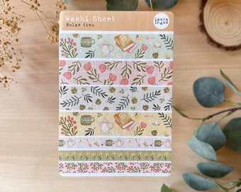 STICKERS Washi Relax Time. 1 Hoja con 7 tiras de washi para Bullet Journal, Planner, Scrapbooking, Cardmaking. Laura Inguz