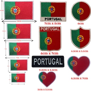 May include: A collection of embroidered patches featuring the flag of Portugal in various shapes and sizes. The patches include rectangular, circular, shield, and heart designs, with measurements in centimeters and inches.