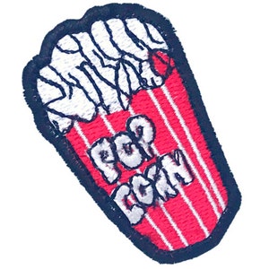 May include: Red and white striped popcorn container with white popcorn and the text "POP CORN" in white embroidery.