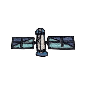 May include: An embroidered patch depicting a blue and white satellite with a central body and two rectangular solar panels.