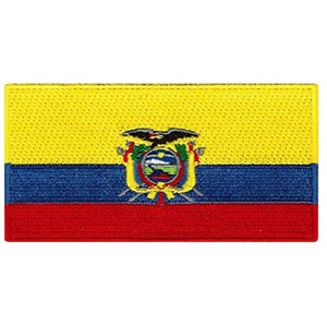 May include: An embroidered patch of the Ecuadorian flag. The flag is yellow, blue, and red with the Ecuadorian coat of arms in the center.