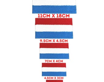 Könnte beinhalten: Eine Sammlung rechteckiger Aufnäher in Rot, Weiß und Blau, die einer Flagge ähneln. Der größte Aufnäher misst 11 cm x 18 cm, die anderen sind kleiner. Jeder Aufnäher hat horizontale Streifen in Rot, Weiß und Blau. Die Größen sind aufgedruckt.