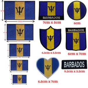 Könnte beinhalten: Ein Set mit zehn Bügelbildern mit der Flagge von Barbados. Die Patches sind in verschiedenen Größen und Formen, darunter ein Herz, ein Schild und ein Rechteck. Die Patches sind alle blau und gelb mit dem Nationalsymbol von Barbados, einem Dreizack, in der Mitte. Die Patches sind perfekt, um Ihren Kleidungsstücken, Taschen oder anderen Gegenständen einen Hauch von barbadischem Stolz zu verleihen.