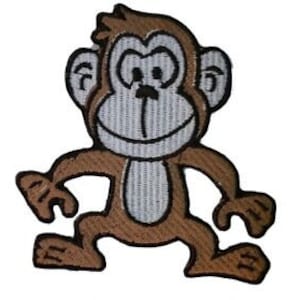 May include: A brown cartoon monkey with a white smile and white eyes. The monkey is standing with its arms outstretched and its legs bent.