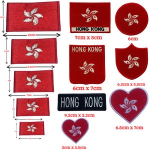 May include: A selection of red embroidered patches displaying the Hong Kong Bauhinia flower emblem. Patches are in various shapes, including rectangles, circles, and a heart. Sizes vary from 3cm x 3.5cm to 18cm x 11cm. Some patches include the text "HONG KONG".