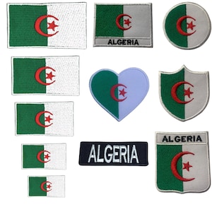 以下が含まれることがあります： アルジェリアの国旗がデザインされた、アイロン接着式の刺繍パッチ10個セット。パッチは長方形、ハート、盾、円形など、さまざまな形とサイズがあります。パッチはすべて緑、白、赤で、中央に三日月と星が描かれています。2つのパッチには「アルジェリア」という言葉が書かれています。