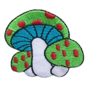 May include: A green and blue mushroom with red spots, embroidered on a white fabric patch.