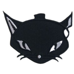 May include: Black embroidered iron-on patch of a cat's face with white eyes and whiskers.