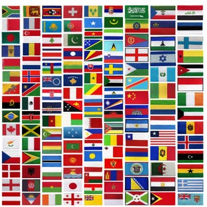 May include: A collection of 100 colourful embroidered patches featuring flags from around the world. The patches are arranged in a grid pattern and are all approximately the same size.
